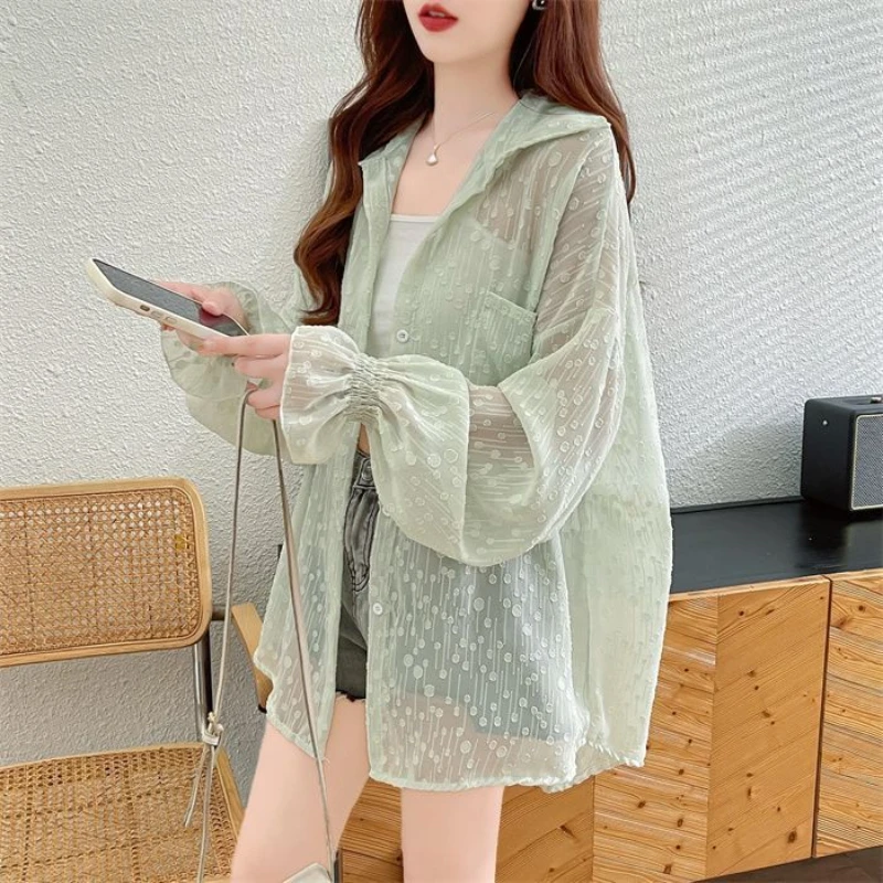 Легкая жаккардовая рубашка Солнцезащитная одежда женская летняя Корейская