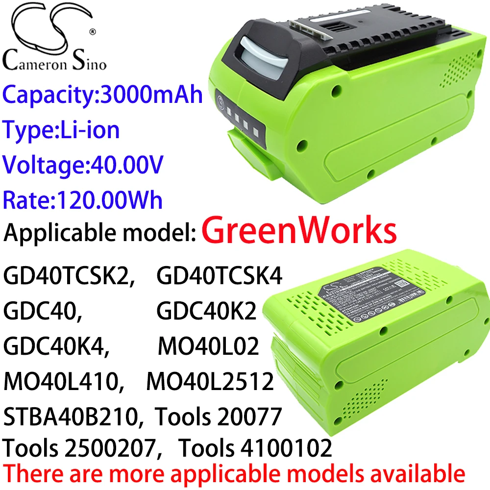 

Cameron Sino Lithium Battery 3000mAh for GreenWorks G40TL,G40TLK2X,G40TLK4,G40TM55,GD40BC,GD40BCB,GD40BCBK2X,GD40BCBK4