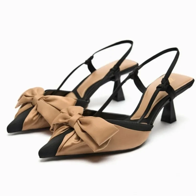 

TRAF Women's Bowknot Pumps Shoes Fashion Pointed Toe Slingback Heeled Shoes 2023 Autumn New Elegant Woman Wedding Heeled Shoes