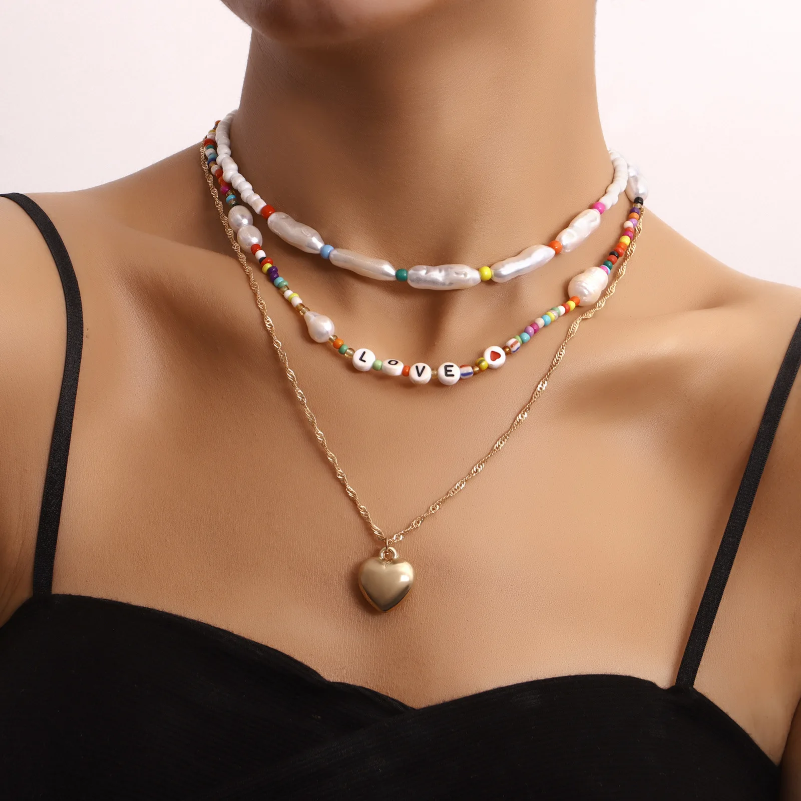 

Jewelry Multi-layer Color Rice Beads LOVE Letters Heart Pendant Necklace Female Creative Collar