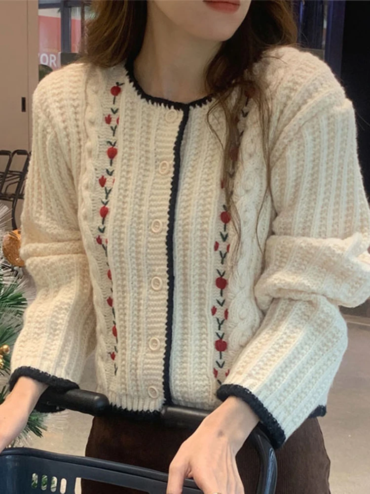 

Korobov Chic Sweater Autumn Winter French Gentle O Neck 3D Embroidery Flower Contrast Color Cardigans Korean Fashion Knitwears