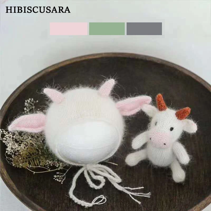 Cute Animal Design Hat For Newborn Baby Photography Soft Mohair Knitted Cow Hats Doll 2pcs Set Infant Photo Clothing Props