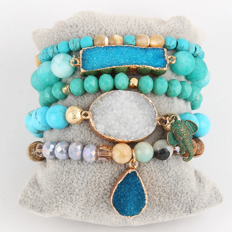 

RH New Designer Boho Beaded Bracelet Set Natural Stone & Druzy 5pc Bracelets Bangles Set For Fashion Jewelry