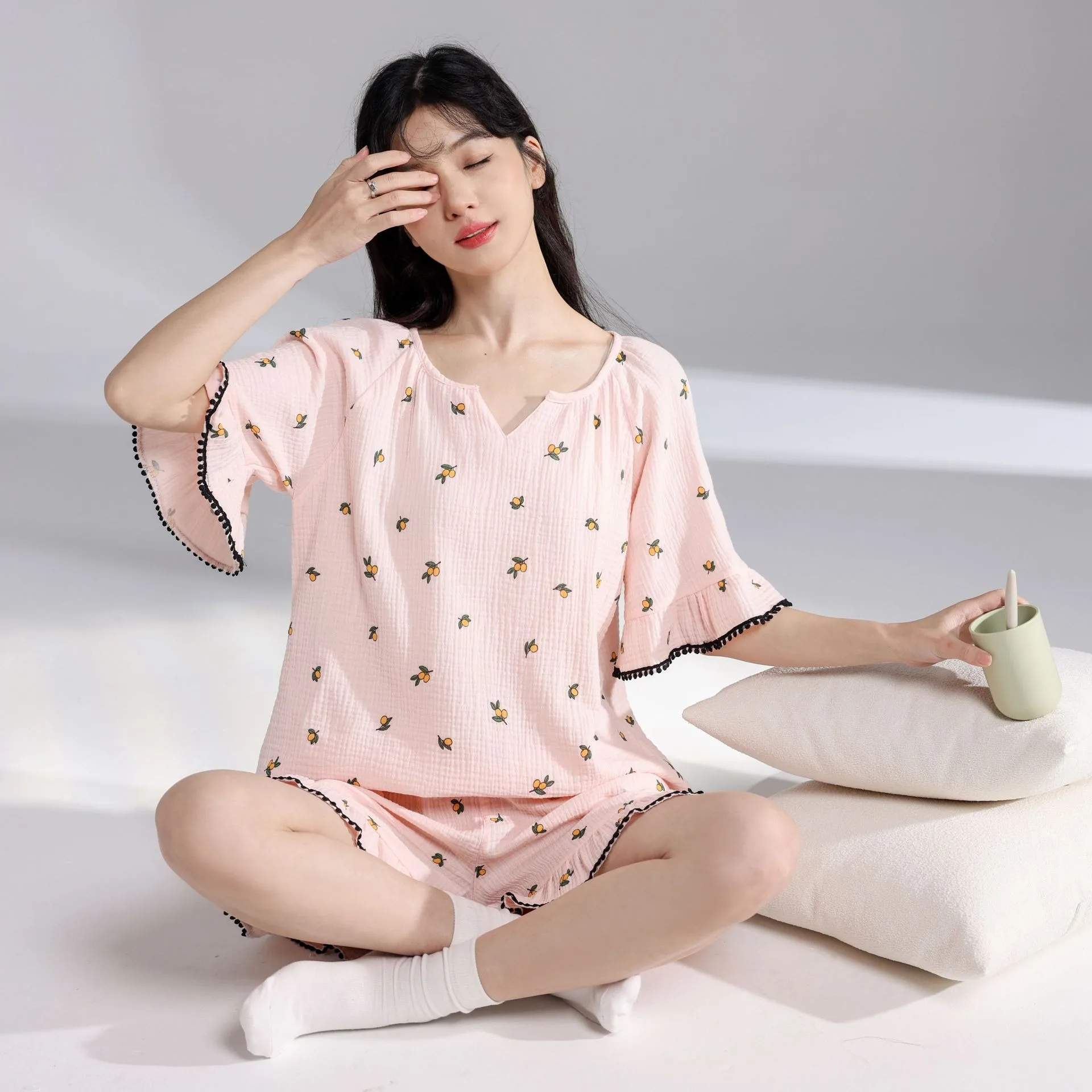 1 Pajamas Women's Summer Thin Crepe Cotton Short Sleeve Shorts Japanese Home Suit Two Piece Loose Sleepwear Dress Nightgown