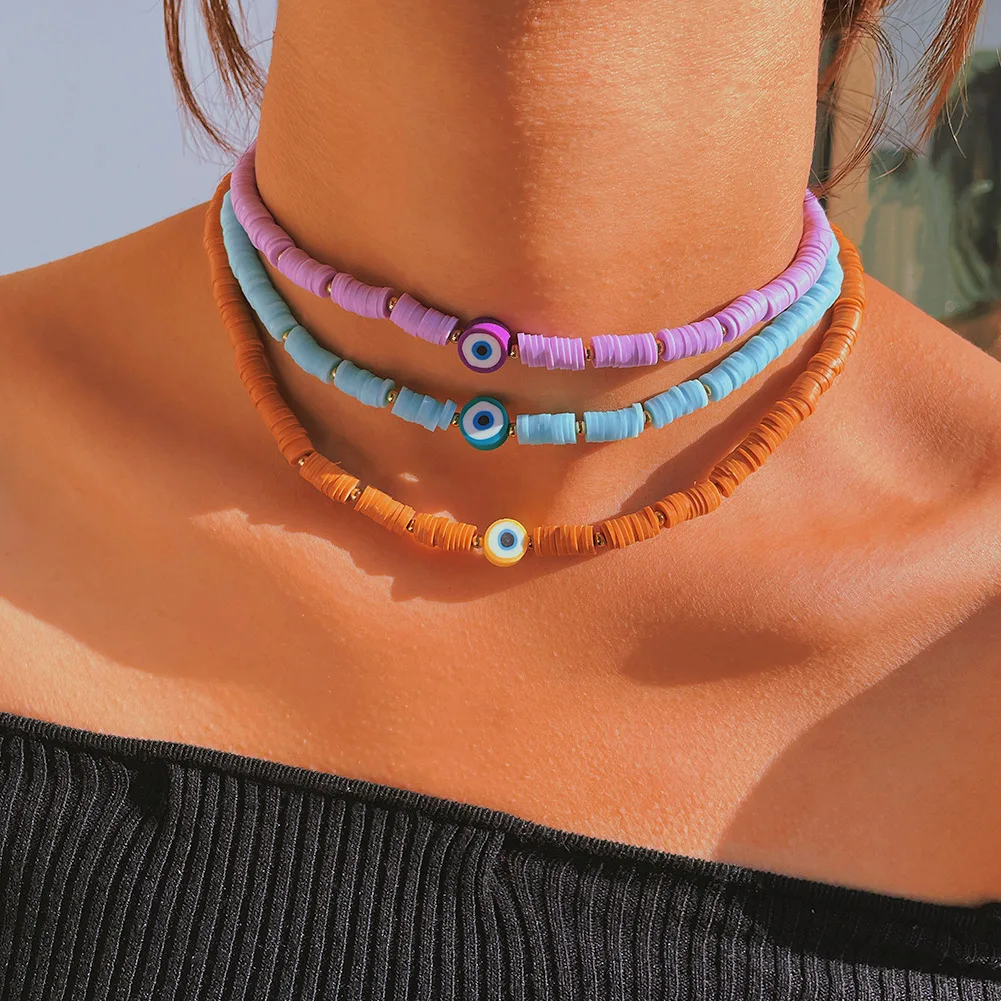 

Trendy New Colorful Evil Eyes Polymer Clay Beads Chain Necklace For Women Handmade Evil Eye Beaded Choker Necklace Boho Jewelry