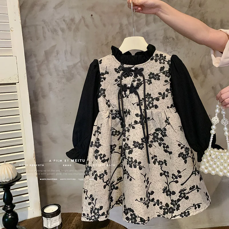 

Темпераментное новое платье в китайском стиле для девочек Новинка Осень-зима 2023 плюшевое детское платье из двух частей в китайском стиле