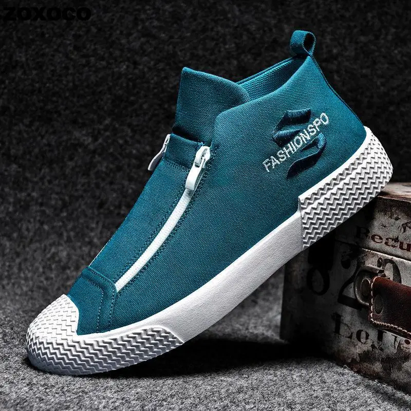 

High Top Brand Mens Canvas Shoes Autumn New Lazy Zipper Mens Casual Flat Sneakers Korean Version Breathable Trendy Shoes Men