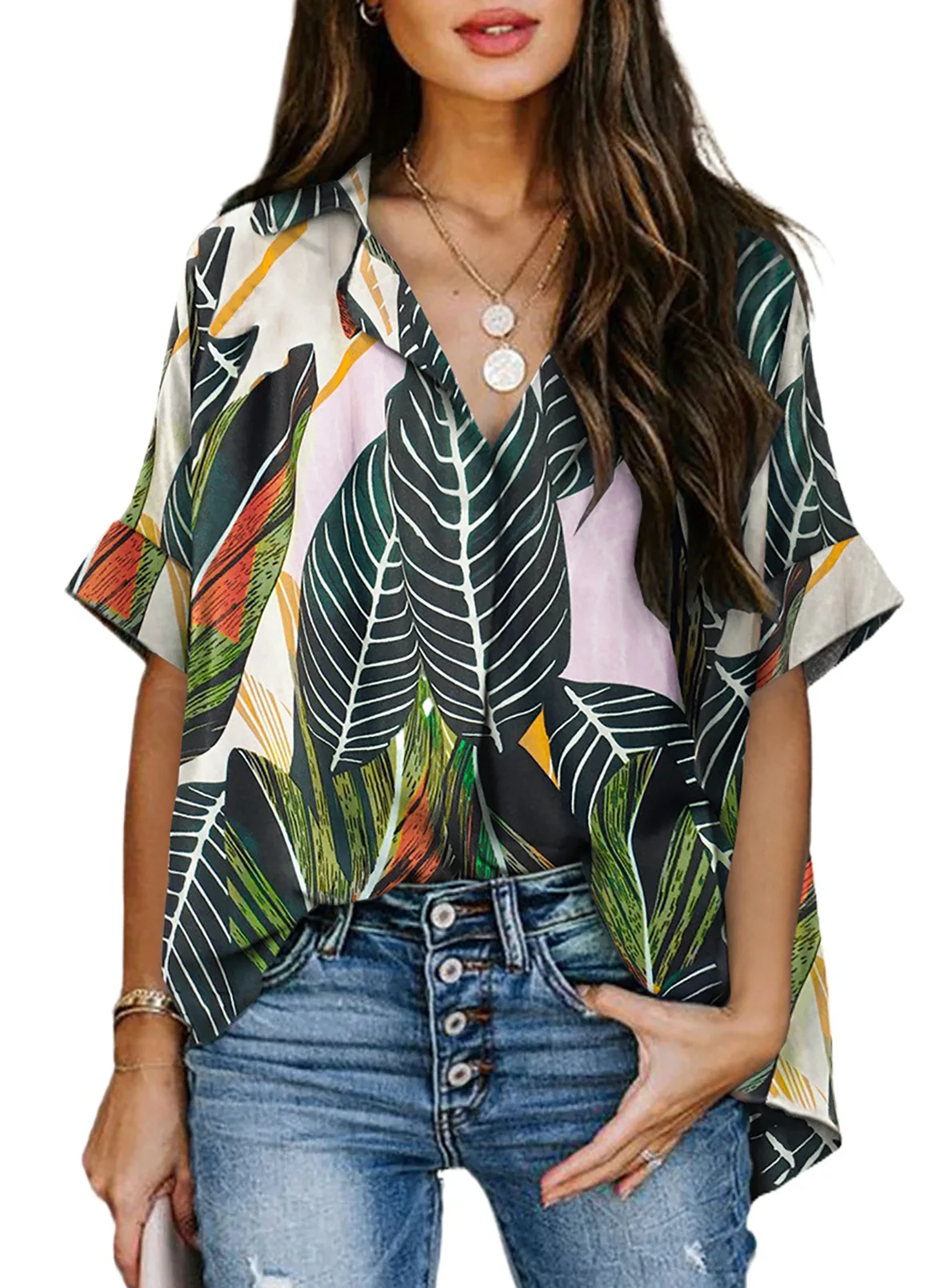 

V Neck Printing Short Sleeve Street Blouse 2022 Women Oversize Chiffon Shirt Half Cardigan Bohemian Office Simple Fashion Top