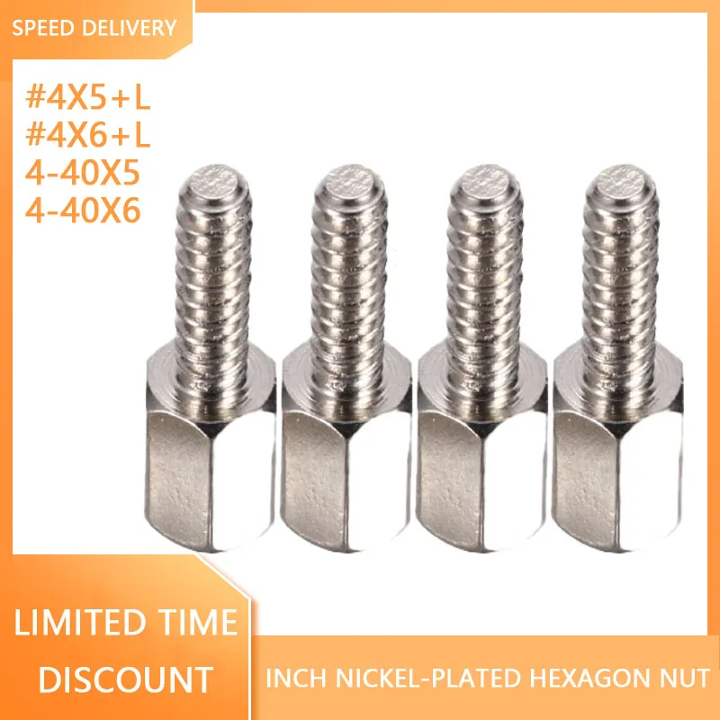 

#4x5+L/#4x6+L Nickel-plated Inch Single-headed Hexagonal Copper Column 4-40X5/4-40X6 Inch Double-pass Copper Column 4# Nut 10Pcs