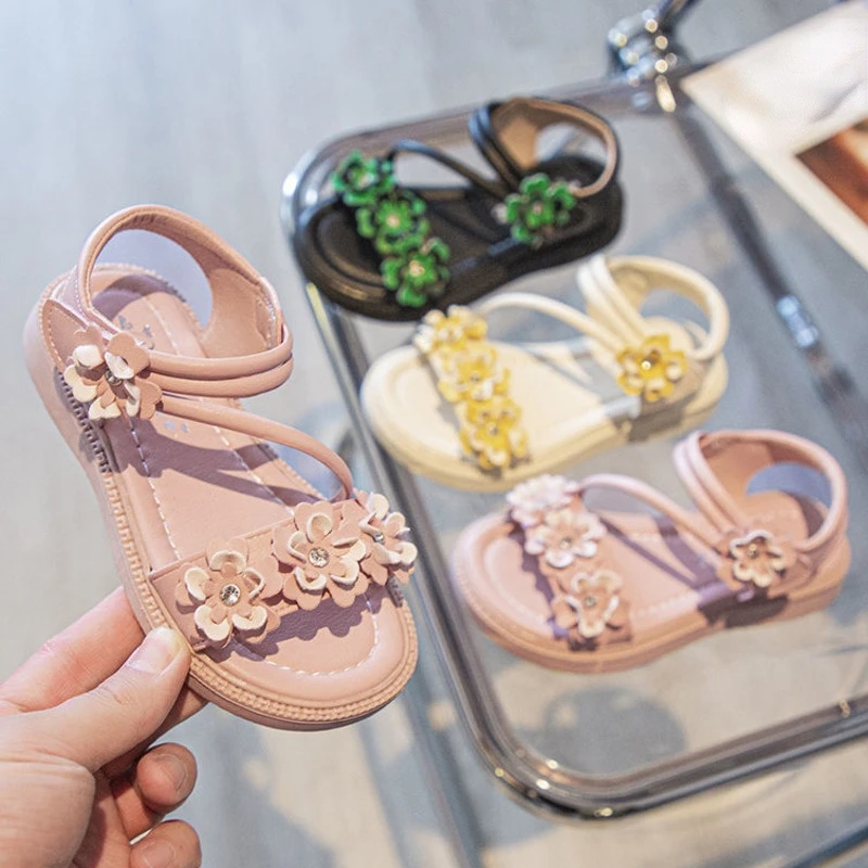 

2022 Flowers Girls Sandals Summer PU Non Slip Fashion Sandals For Kids Princess Breathable Soft Sole Children Beach Shoes