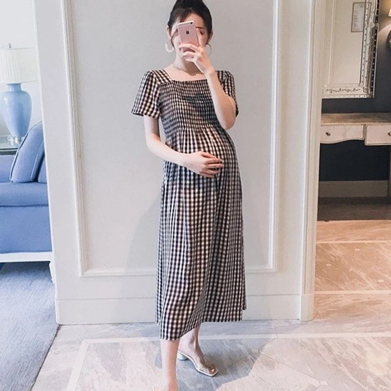 

Maternity Summer Dress Pregnant Women Stretch Western-style Plaid Maternity Dress Summer Over-the-Knee Long Skirt Summer Tide