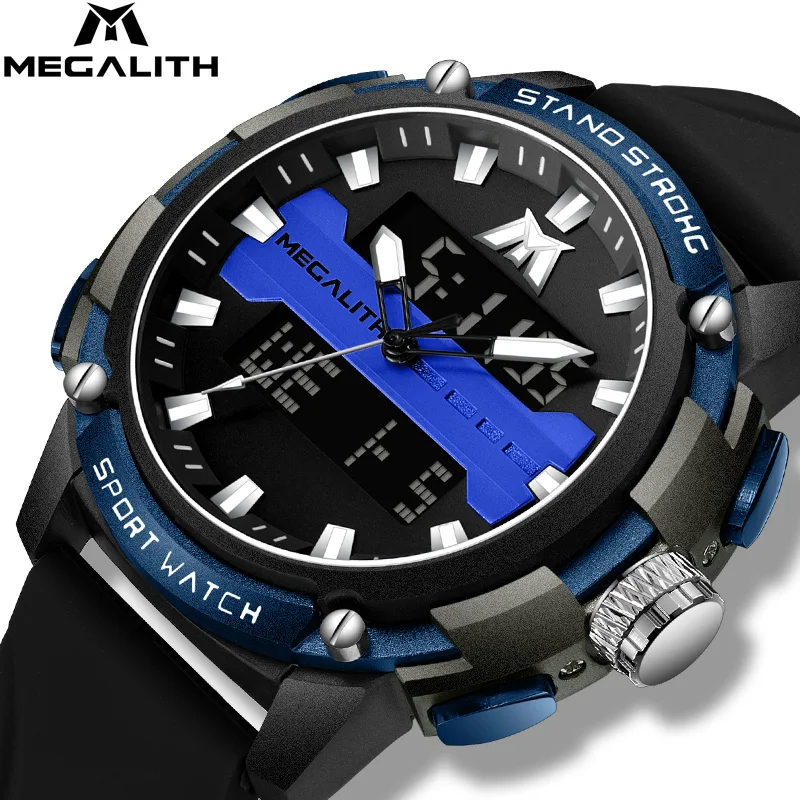 

MEGALITH Brand Dual Display Watches for Men Casual Sport Chronograph Waterproof Watch Man Large Face Black Rubber Watch Clocks
