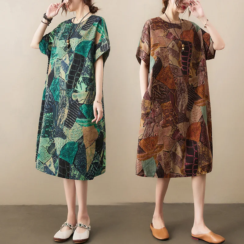 

Short Sleeve Cotton Linen Vintage Print Summer Dresses For Women 2022 Casual Loose Midi Holiday Ladies Dress Elegant Clothing