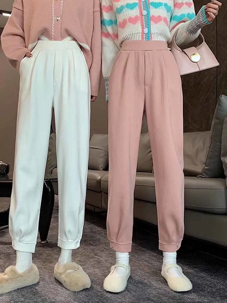 

White Corduroy Pants Women'S Spring Autumn Button Harem Radish Pants Slim New Female High Waist Loose-Fitting Casual Trousers