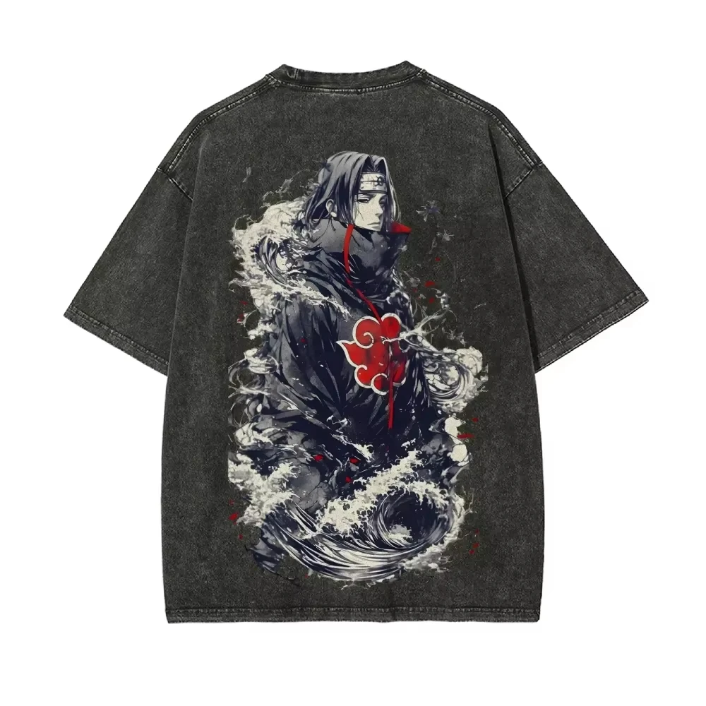 Фото Футболка Naruto Itachi Uchiha Akatsuki Great Wave, винтажная, с эффектом кислотной стирки, уличная одежда, ретро-аниме, графический принт, мужская одежда №3