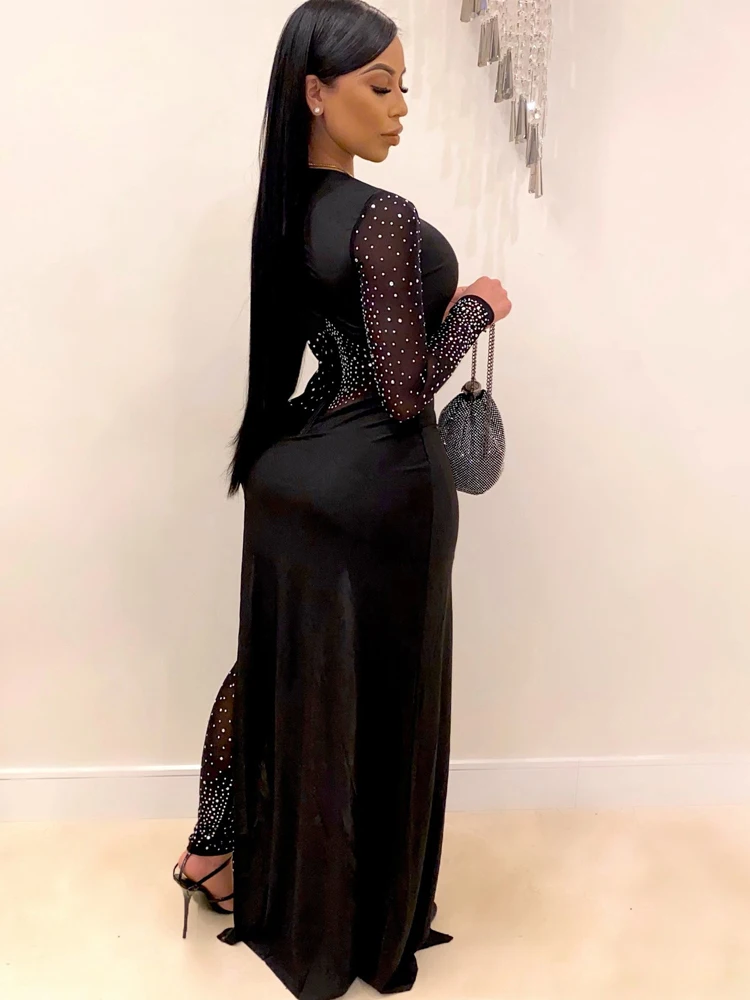 Красивый комбинезон Beyprern с кристаллами (черный) блестящий облегающий сетчатый