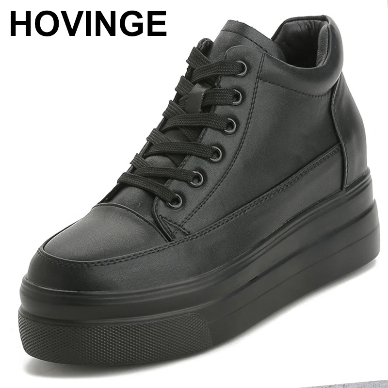 Кроссовки женские из натуральной кожи, повседневная обувь на платформе, увеличивающие рост, черные, белые, весна-осень 2023