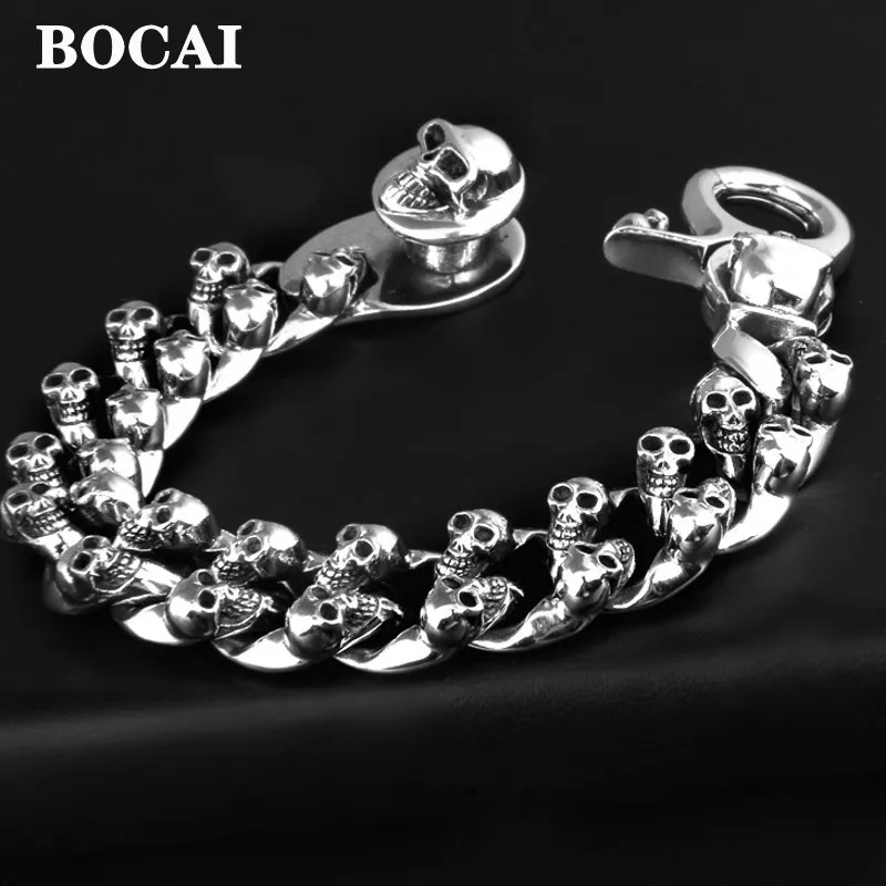 

BOCAI Real Solid S925 Silver Jewelry Domineering Skull Simple Korean Version Rock Hip Hop Personality Fashion New Men Bracelet