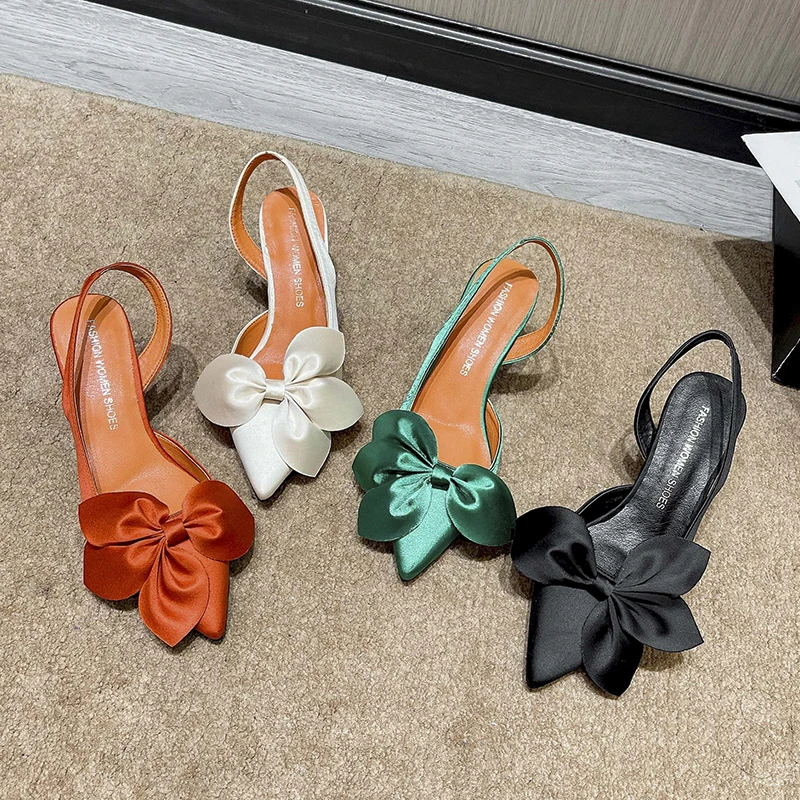 

Green Sandals for Women 2022 Ladies Elegant Bow Kitten Heels Designer Pointed Toe Wedding Shoes Female Footwear Zapato De Tacon