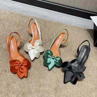 green sandals for women 2022 ladies elegant bow kitten heels designer pointed toe wedding shoes female footwear zapato de tacon