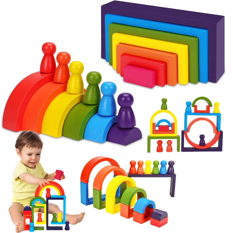

Wooden Rainbow Stacking Rocks Toys Stones Stacker Stacking Blocks Montessori Shape Building Stone Balancing Learning Educational