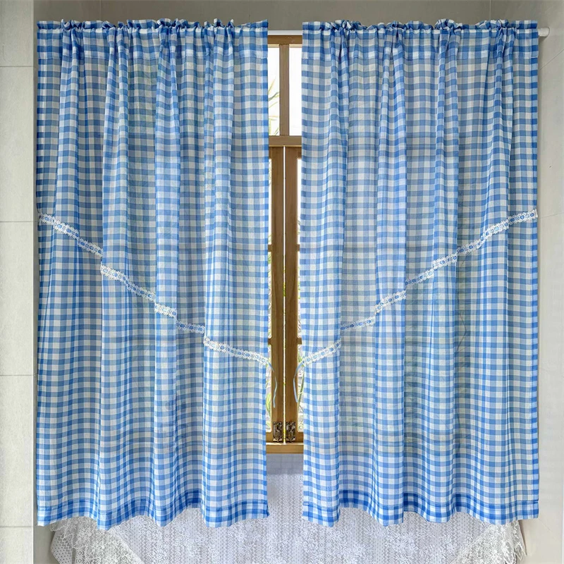 Сетчатая кружевная занавеска в синюю полоску с вышивкой Короткая для балкона