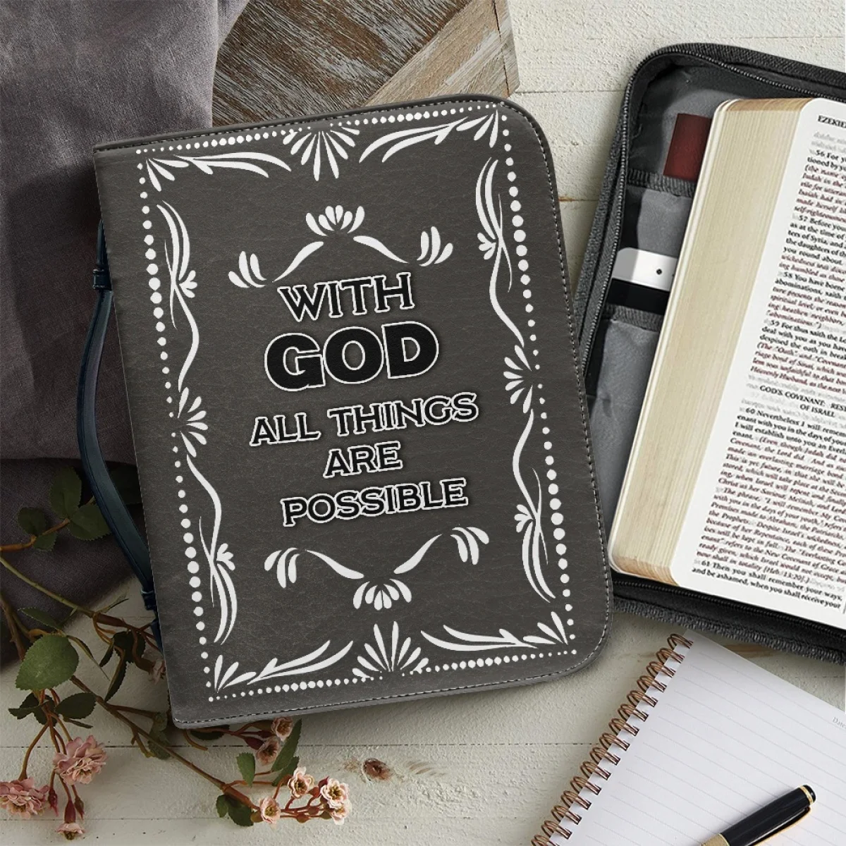

With God all Things Are Possible Brand Design Leather Bag Handheld Universal Bible Bag Protection Church Prayer Religious DIY