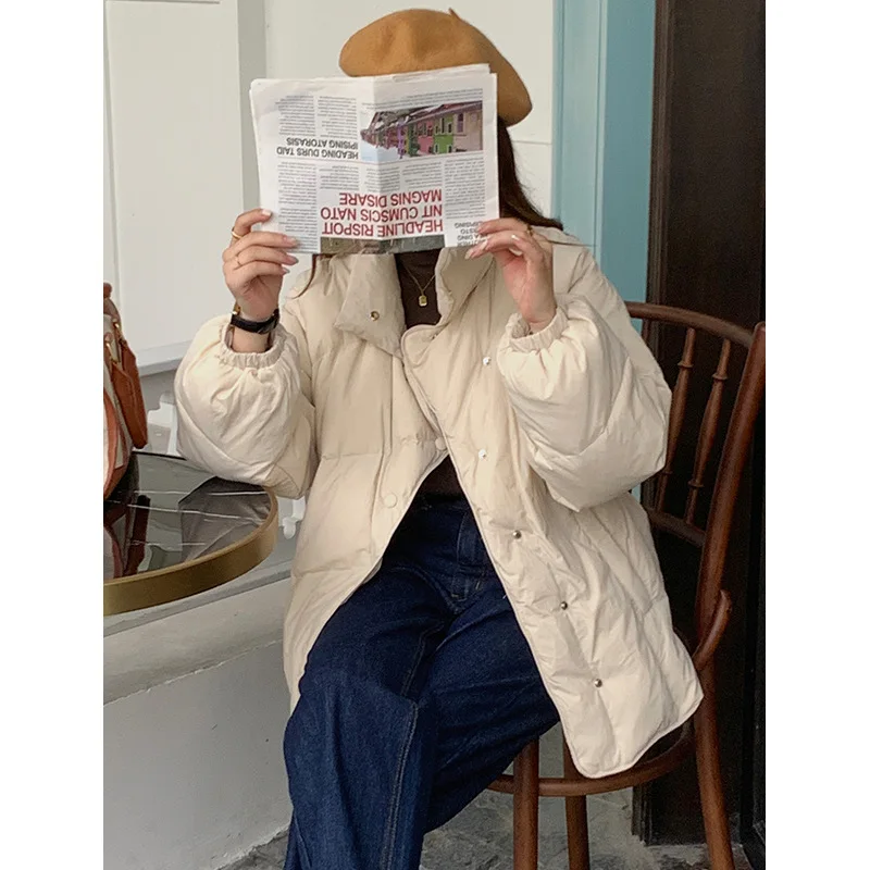 Winter Cotton Jacket with Stand-up Collar and Waist Strap Thickened White Eiderdown Jacket Thickened To Keep Warm and Windproof