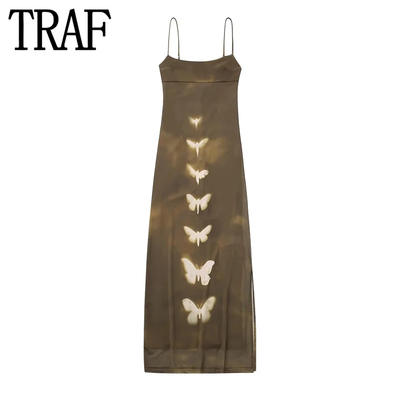

TRAF Bufferfly Print Tulle Slip Dress Woman Sexy Mesh Bodycon Long Dress Women Summer Sleeveless Backless Evening Party Dresses