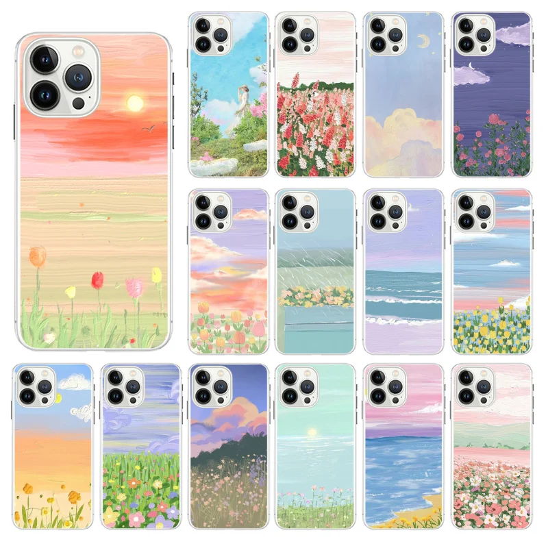

Oil Painting Flowers Sceneary Phone Case for iPhone 14 13 12 11 Pro MAX X XS Max XR Mini SE2022 6S 7 8 Plus Black Case