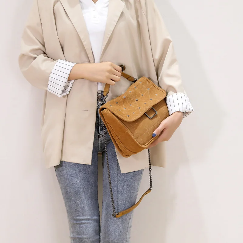 Autumn Winter New Stray Bag Rivet Small Square Bag Brown Back Velvet Cofskin One-shoulder Crossbody Bag