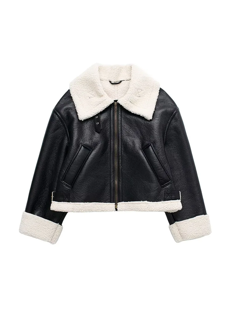 

Women 2023 Winter New Fashion Two-sided Cropped Jacket Coat Vintage Long Sleeve Zipper Female Outerwear Chic Tops