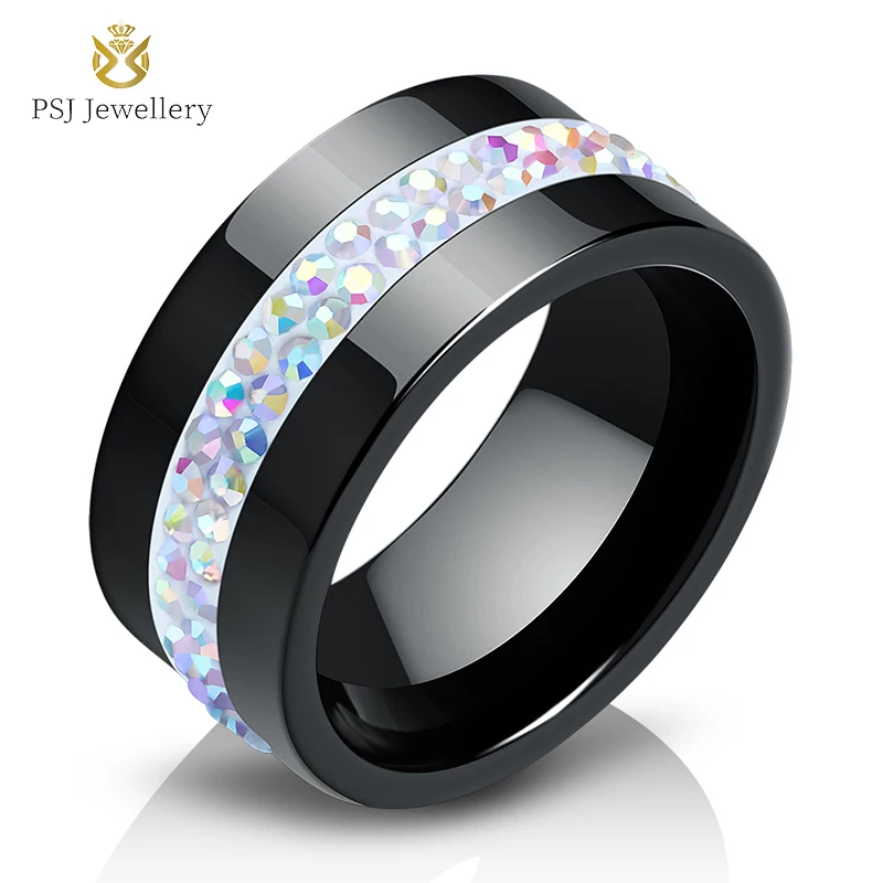 

PSJ Fashion Trendy Jewelry Anillos 10MM Two-Line Zircon Inlay Simple Band Black / White Ceramic Rings for Women Girls