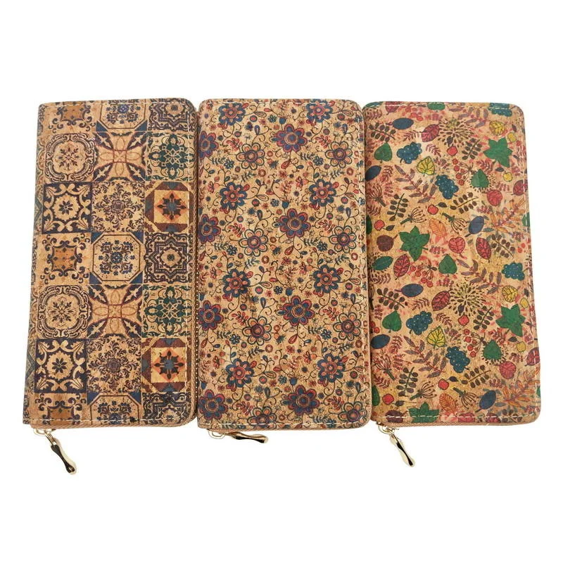 

Portugal Tile Pattern Print Natural Cork Wallet 2023 Wooden PU Leather Long Wallets Copper Zipper Card Holder Wholesale