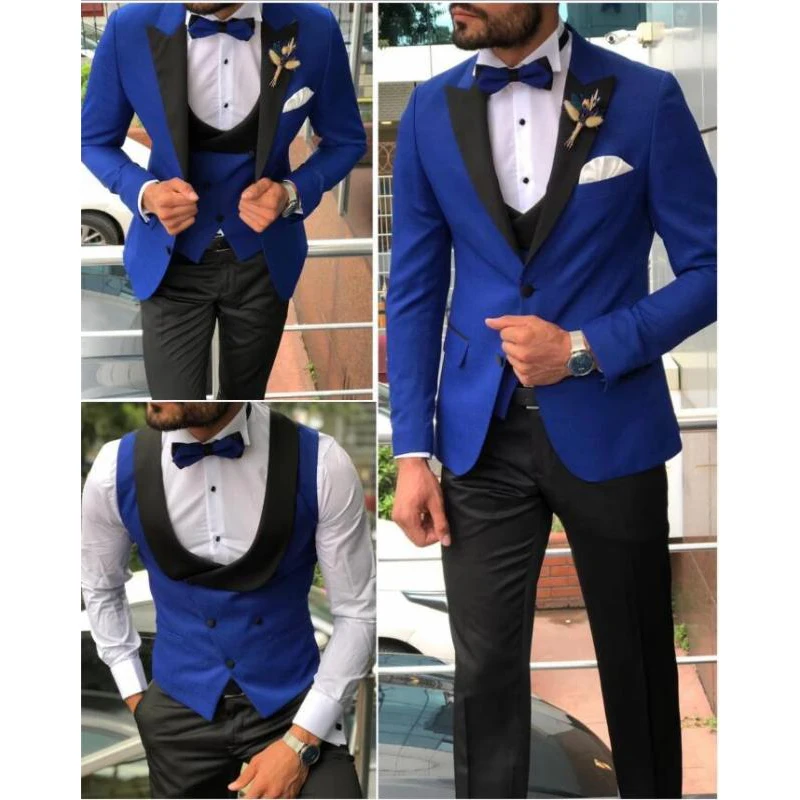 

2 Button Men Suits Royal Blue Body Black Collar Groom Tuxedos Satin Lapel Groomsmen Wedding Best Man 3 Piece (Jacket+Pants+Bow)