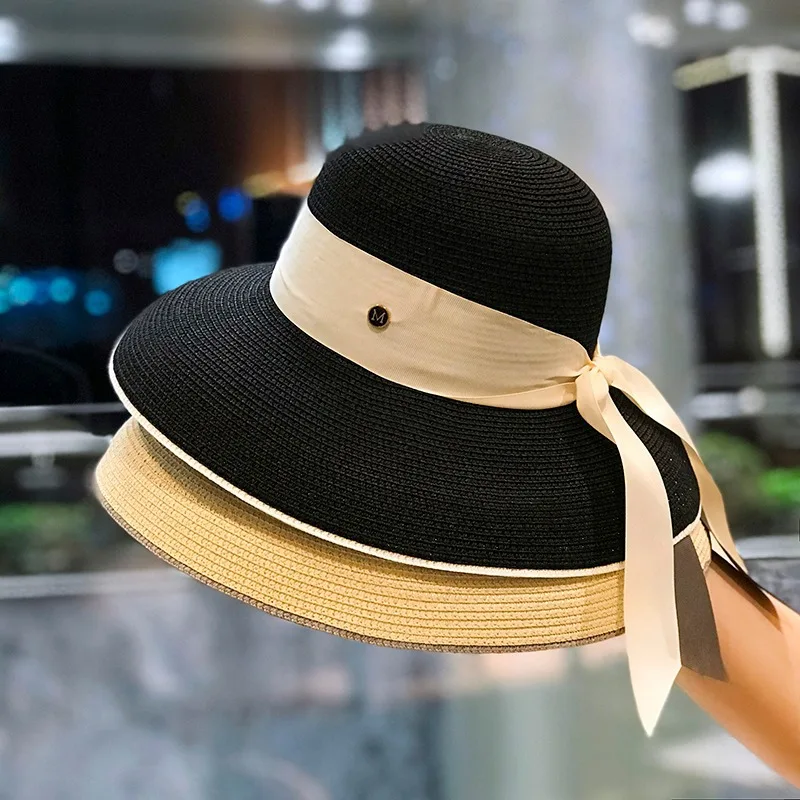 

Curved large brim ribbon straw hat for women Summer sun hats Ladies female dome visor cap hats Outdoor gorros