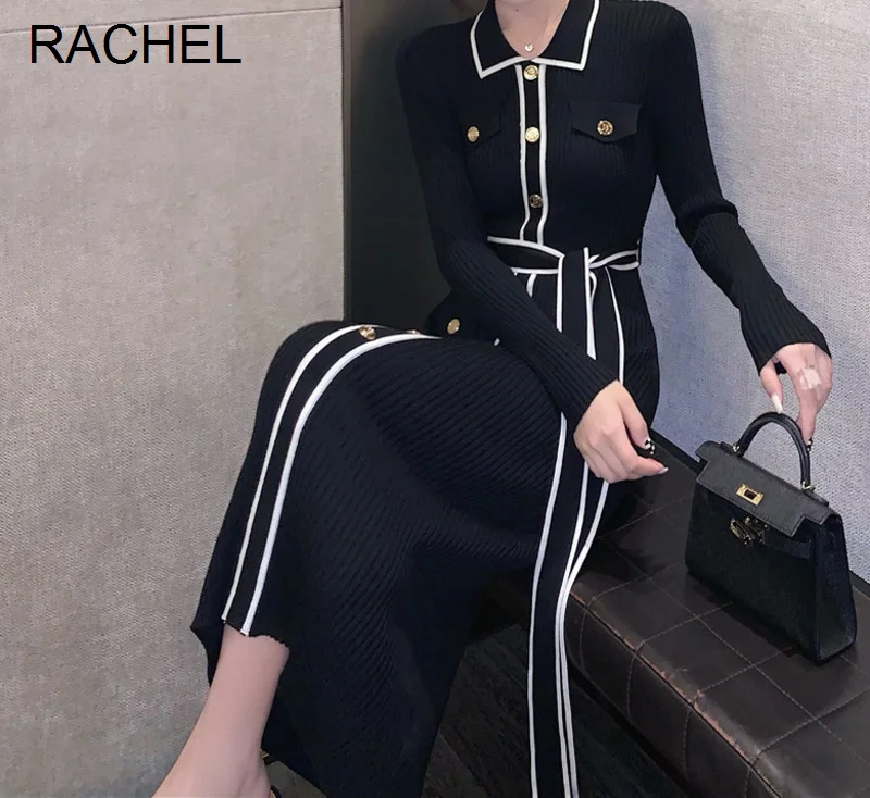 

Женское трикотажное платье-поло со шнуровкой на талии и длинным рукавом