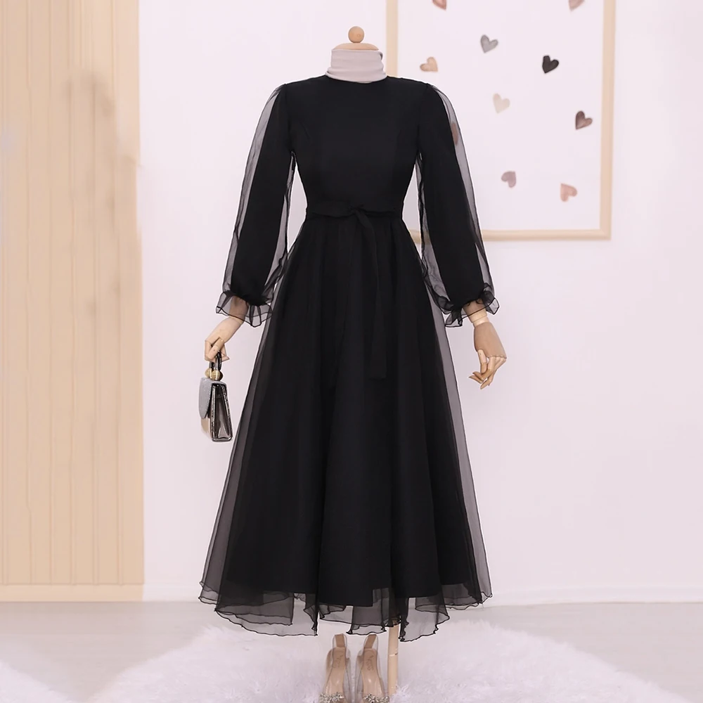 

Pastrol Evening Dresses For Women Organza Ankle Length Zipper Prom Dress A-Line Full Sleeves Bow Customized Robe De Soiree
