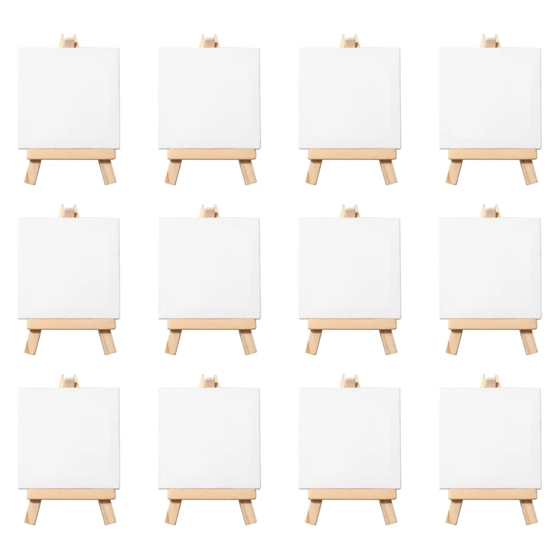 

3 by 3 Inch Mini Canvas Panels Combined with 5 Inch Tiny Wood Easels Set for Paintings Craft Small Acrylics Oil Projects*12