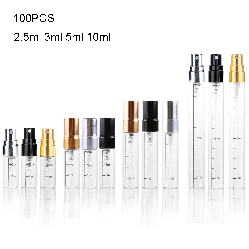 Mist Spray Bottle 100Pcs 2.5/3/5/10ml Refillable Bottles Perfume Atomizer Sample Test Tube Thin Glass Vials Cosmetic Containers