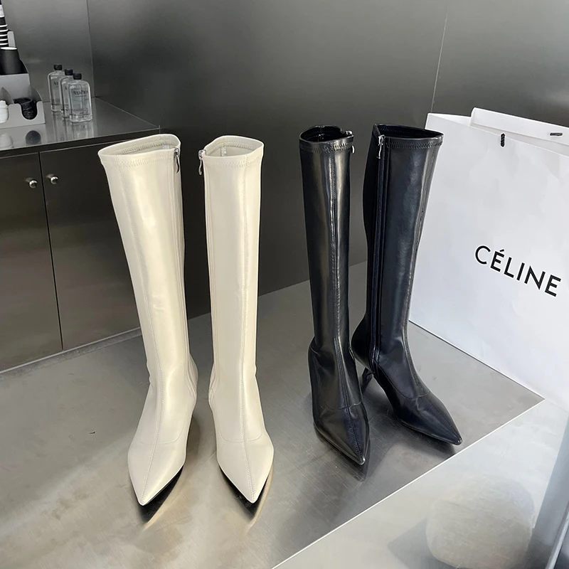 

Pointed Toe Women Knee Stretch Boots 2022 New Arrivals Side Zipper Beige Black Fashion Autumn Winter Boots Woman Size 35-39