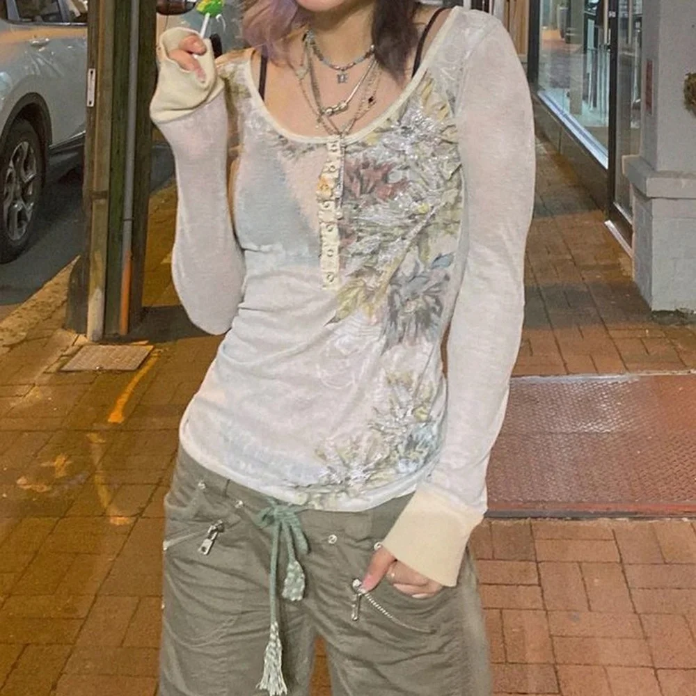 

Женский укороченный топ с цветочным принтом y2k, с круглым вырезом