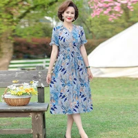 women floral summer dresses middle age mother short sleeve chiffon mesh dress v neck casual party beach vestidos