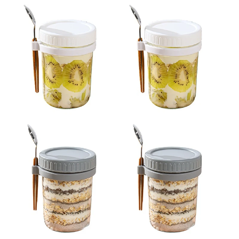 

Overnight Oats Containers Glass Storage Containers With Lids And Spoons-For Milk, Cereal, Fruit-Oatmeal Jars