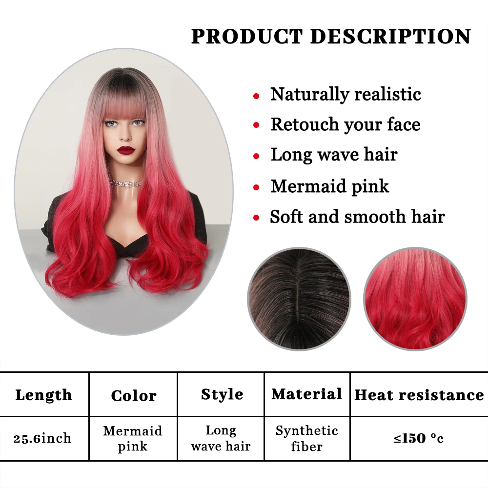 Mermaid Red Long Curly Synthetic Wigs with Bangs Natural Hair Wigs for Women Cosplay Party Daily Lolita Heat Resistant images - 6
