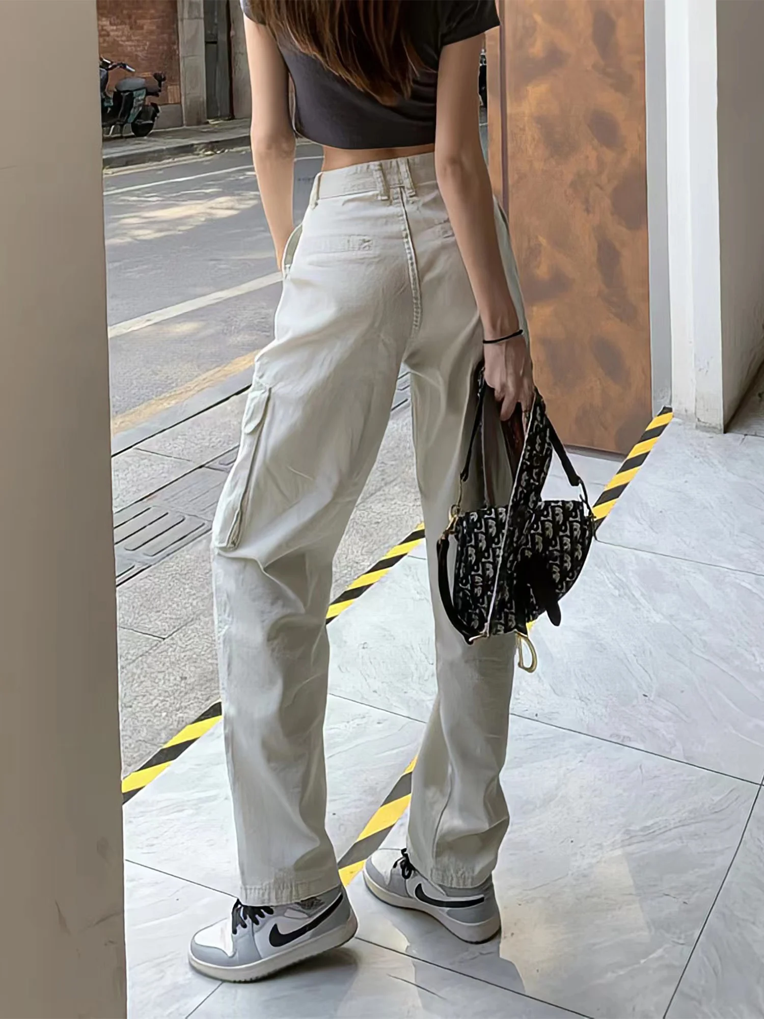 Vintage 90s Womens Solid Cargo Pants Loose Wide Leg Straight Pants Streetwear Lady Hip Hop Trousers Leisure All-Match Overalls