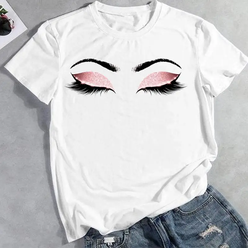 

Women Eyelashes Eye Lashes Cute Short Sleeve Clothes Fashion Cartoon Lady Summer Print Tees Female Tops Tshirt Graphic T-Shirt