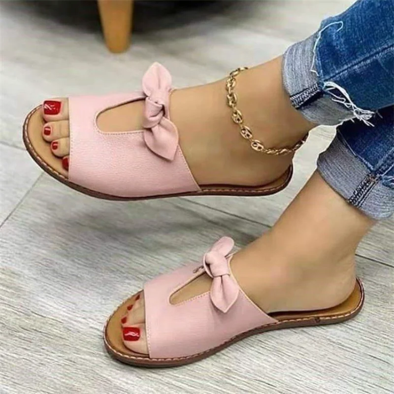 Summer Women Slippers Shoes Cute Butterfly-Knot Flats Casual Sandals Solid Color Beach Sandals Zapatillas Mujer Chaussure Femme