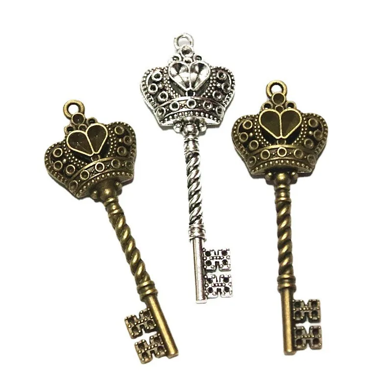 14Pcs 20*61MM Antique Silver Plated Bronze Color Crown Key Charms Pendant Handmade DIY Jewelry Accessories