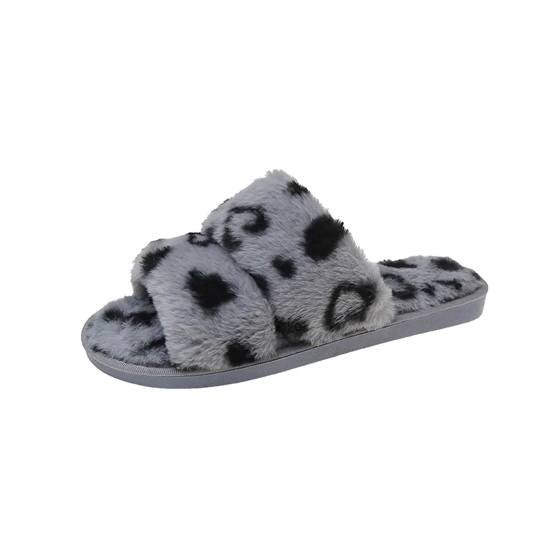 Large Size Flat Cotton Slippers Women's 2022 Autumn and Winter new European American Fashion Leopard Print One Word Fur Slippers